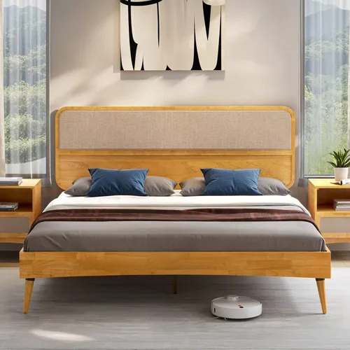 Vista 12 de Bme Georgina - Marco de cama tamaño Queen con cabecero y diseño geométrico artesanal distintivo, diseño con patente estadounidense pendiente, madera