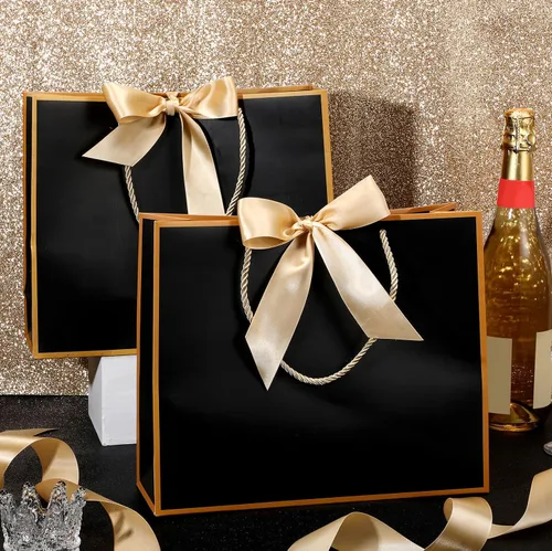 Vista 5 de Silkfly 12 bolsas de regalo con asas para dama de honor, 12 x 10 x 4 pulgadas, elegantes bolsas de regalo de bienvenida de boda con lazo para Negro