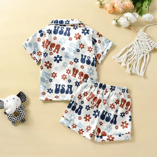 Vista 7 de Conjunto de pijama de satén para bebés y niños pequeños, pijamas de manga larga con botones para niñas 4 de julio