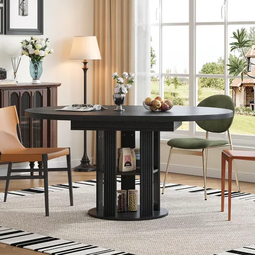 Vista 4 de Mesa de comedor extensible para 4-6, mesa de comedor ovalada de 43.3 a 59 pulgadas con estante de almacenamiento de 2 niveles, mesa de cocina