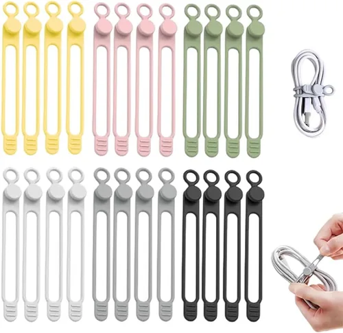 Vista 10 de Organizador de cables de datos, 2025 nuevas bridas de silicona elástica, bridas reutilizables para cables y alambres para agrupar y sujetar 6 PIEZAS