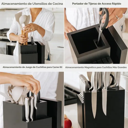 Vista 3 de KitchenEdge Bloque magnético de bambú para cuchillos y soporte para utensilios de cocina, almacenamiento elegante para cuchillos de chefs, cuchillos