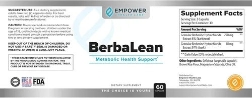 Vista 2 de Empower Health New BerbaLean - Suplemento de berberina y ácido clorhídrico, apoya el metabolismo saludable y la salud digestiva 60 cápsulas