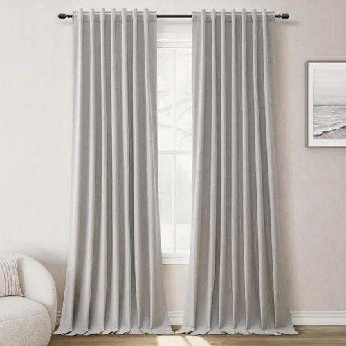 Vista 8 de BOODII Cortinas de lino 100% opacas para dormitorio de 108 pulgadas de largo, con aislamiento térmico, oscurecimiento de la habitación, cortinas
