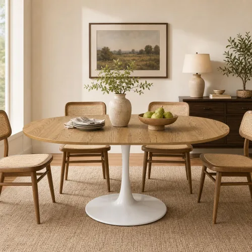 Vista 10 de Mesa de comedor ovalada extensible, mesa de cocina moderna de madera con parte superior de MDF y patas de pedestal dobles, mesa de 59.06 a 90.55