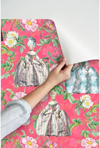 Vista 3 de Papel tapiz para despegar y pegar, flores francesas, rosas, jardín, rosa, estilo vintage, siglo botánico, flores para niñas, papel tapiz extraíble