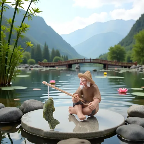 Vista 6 de 1 figura de pescador en miniatura, adorno de anciano de pesca, estatua de jardín sentado con lodo chino, estatuas al aire libre
