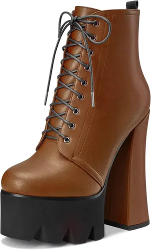 Vista 22 de HDEUOLM Botas de tobillo con tacón alto de bloque grueso para mujer, puntera redonda, botines cortos con cordones y cremallera, zapatos clásicos
