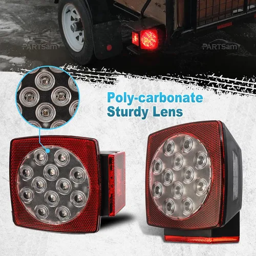 Vista 4 de Partsam Kit de luces traseras LED cuadradas impermeables de 12 V, lente transparente, color rojo, parada de freno, señal de giro, luces