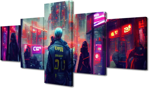 Vista 15 de Póster de 5 paneles en lienzo para decoración de pared, diseño de centro urbano Cyberpunk, impresión moderna, decoración de pared para el hogar