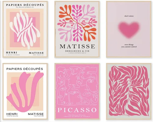 Vista 16 de KBKBART Matisse - Impresiones artísticas para pared, póster abstracto de arte de pared de Matisse, negro y beige, línea de cuerpo para mujer, hojas