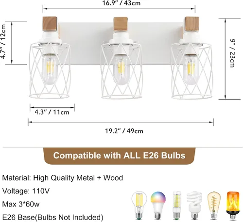 Vista 3 de Farmhouse 3-Light Wood Bathroom Vanity Light, White Metal Cage Shade