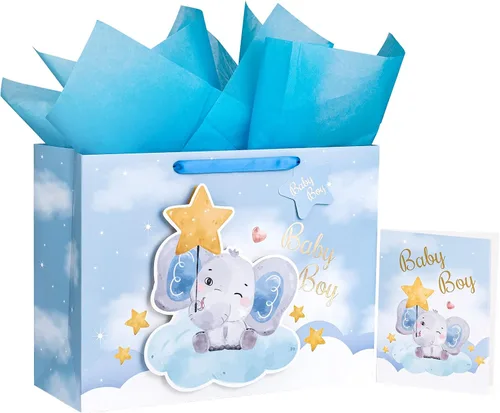 Vista 23 de WRAPAHOLIC Bolsa de regalo grande de 13 pulgadas con tarjeta y papel de seda, adorable bolsa de regalo de elefante para bebé, baby shower, fiesta