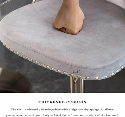 Vista 211 de SoarFlash Juego de 2 taburetes de bar tapizados de terciopelo moderno con patas de madera, botones acolchados, cabeza de clavo cromada, asiento