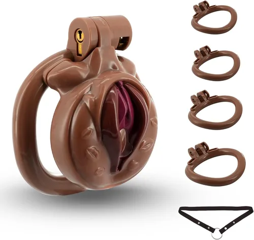 Vista 7 de Jaula de castidad masculina ligera ABS + dispositivo de castidad de resina, juguetes sexuales para adultos con 4 tamaños diferentes de anillos, Rosa