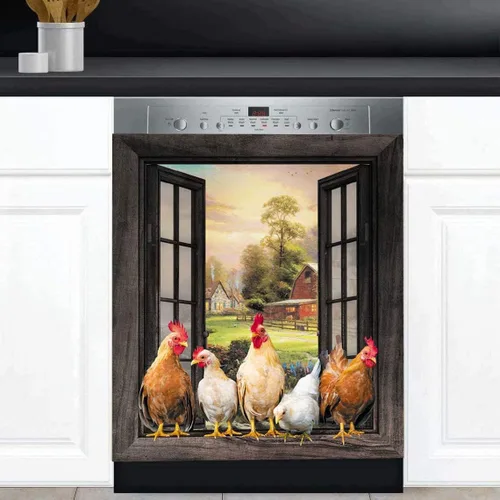 Vista 2 de Cubierta magnética para lavavajillas de pollo de granja, decoración de cocina, gallo para refrigerador, cubierta de puerta de nevera, ventana