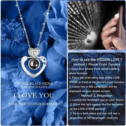 Vista 4 de Preserved Rose with I Love You Necklace in 100 Languages Romantic Gifts For Dating ValentineS Day MotherS Day Christmas Anniversary Birthday