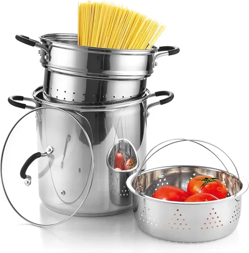 Vista 8 de Cook N Home 02401 Ollas multiuso de acero inoxidable con fondo encapsulado de 4 cuatro piezas, 8 cuartos de galón Steamer Basket, Pasta Strainer
