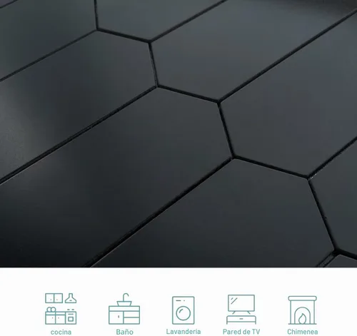 Vista 3 de Azulejo negro para salpicaduras de piquete, aspecto de cerámica, largo hexágono autoadhesivo para pared de cocina y baño, paquete de 6 Hexágono
