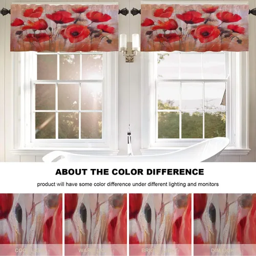 Vista 6 de BaoNews Cortina de ventana de flores de amapola con diseño de plantas artísticas, cenefas de cocina, pintura al óleo, lienzo opaco, decoración