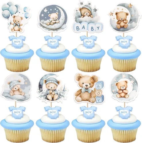Vista 15 de Rsstarxi Paquete de 24 Adornos para Cupcakes We Can Bearly Wait con Purpurina de Oso para Baby Shower, Palillos Decorativos para Cupcakes