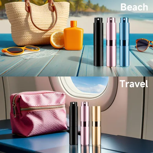 Vista 6 de Botella de perfume recargable de viaje, 3 botellas de atomizador de perfume portátiles de 0.3 onzas líquidas para bolsa, botella de spray con parte