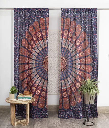 Vista 24 de Popular Handicrafts - Paneles de cortina estilo Indio Hippie Bohemio Hermosa Mandala Multicolor Azul Pavo Real