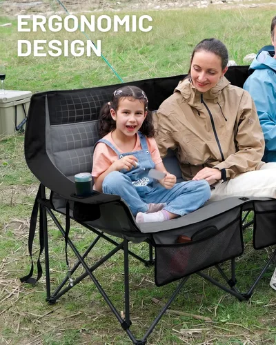 Vista 6 de Timber Ridge Silla de campamento acolchada para 3 personas con portavasos y bolsillos, sillas de campamento plegables para exteriores, capacidad