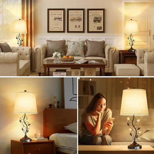 Vista 7 de Sheetea Juego de 2 lámparas de mesa estilo granja de 24.5 pulgadas, lámparas rústicas para dormitorio con 2 puertos de carga USB, pantalla de tela