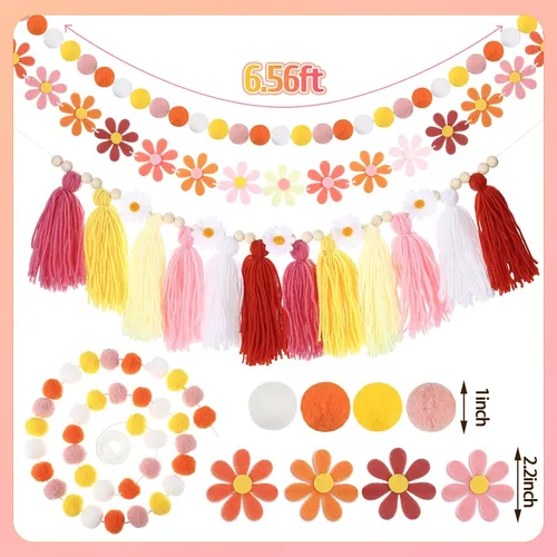 Vista 2 de Rtteri Paquete de 4 decoraciones de margaritas bohemias para fiestas, guirnalda de margaritas para el aula, diseño de flores hippie, con borlas