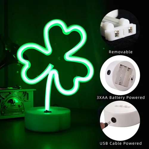 Vista 7 de ENUOLI Letreros de neón LED con forma de trébol, luces decorativas verdes, funciona con USB/batería, luces de decoración con base, letrero de neón