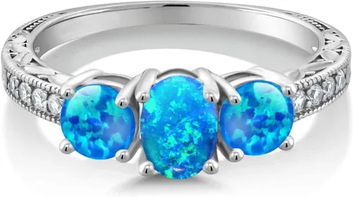 Vista 66 de Gem Stone King Anillo de compromiso de 3 piedras preciosas de oro blanco de 10 quilates con piedra natal y diamantes cultivados en laboratorio
