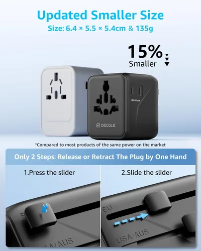 Vista 5 de Adaptador de viaje universal, adaptador de enchufe de viaje internacional con 2 puertos USB-C y 2 puertos USB-A, con toma de corriente AC adicional
