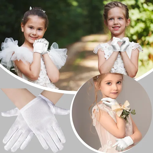 Vista 3 de Hicarer 6 pares de guantes de satén blanco para niños, guantes de disfraz de Halloween, guantes de satén elásticos para niños, guantes formales