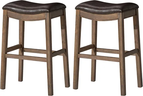 Vista 15 de Maven Lane Adrien Taburete de bar sin espalda, juego de 2, asiento de silla de montar de 31 pulgadas con reposapiés, marco de madera maciza marrón