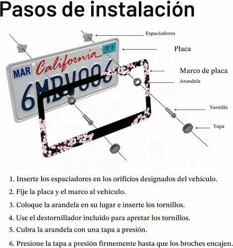 Vista 4 de Marco de matrícula con flores de cerezo en rosa premium, soporte de placa de matrícula de acero compatible con todas las placas de matrícula