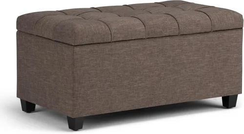 Vista 15 de SIMPLIHOME - Otomana Shiloh de cuero vegano de 48 pulgadas de ancho en color marrón castaño Otomana de transición con tapa capitoné y elevable