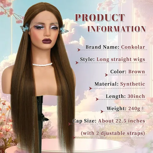 Vista 2 de Pelucas de encaje frontal sintético lacio marrón, sin pegamento, línea de cabello natural, con reflejos marrones, pelucas de encaje sintético marrón