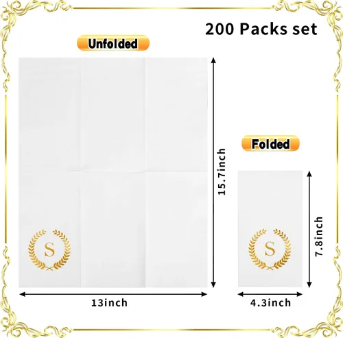 Vista 2 de Paquete de 200 servilletas desechables con monograma de papel de aluminio dorado con letra S, toallas de papel desechables para boda, compromiso