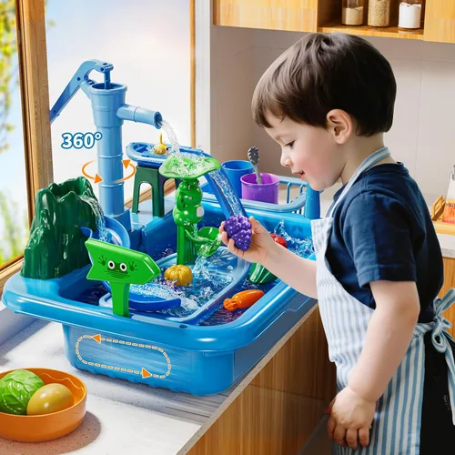 Vista 6 de Mesa de Agua para Niños Pequeños 1-3 - Fregadero de Juego para Niños con Bomba y Agua Corriente, Mesa de Agua para Niños de 4-8 Años