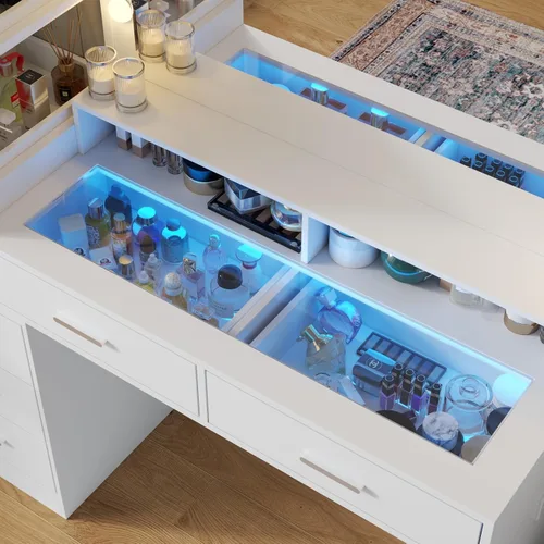 Vista 4 de Gyfimoie Escritorio blanco con espejo y luces, mesa de maquillaje de 8 cajones con parte superior de cristal, tomas de corriente y luces RGB