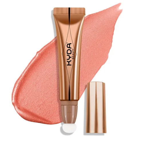 Vista 17 de KYDA Varita iluminadora líquida, iluminador facial brillante para construir, resaltador brillante, bronceador, cobertura suave mezclable con Dorado
