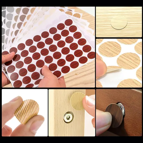 Vista 2 de 648 piezas de 12 colores autoadhesivos para agujeros de tornillo, calcomanías de PVC a prueba de polvo para muebles de madera, gabinete, pared