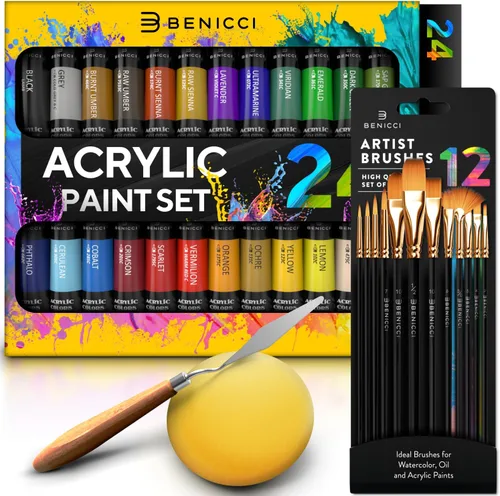 Vista 5 de Juego completo de pintura acrílica, 24 colores ricos en pigmentos, 12 pinceles de arte con cuchillo de pintura y esponja adicionales, para pintar