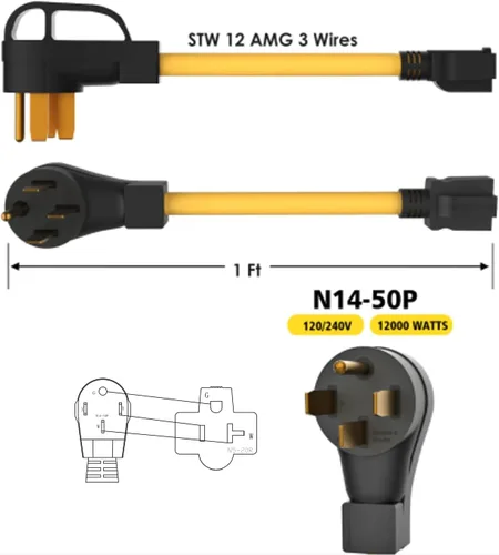 Vista 2 de [240 V a 120 V] NEMA 14-50P a 5-15R/5-20R Adaptador de hoja en T 12AWG STW cables de cobre RV Generador Adaptador de cable de alimentación 50 Amp a