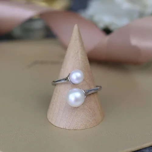 Vista 3 de Anillo de 2 perlas de plata de ley con perlas dobles para mujer, anillos de piedra natal de junio ajustable 925 para adolescentes y niñas con piedra