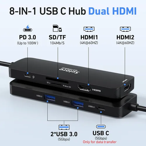 Vista 2 de Estación de acoplamiento USB C Monitor HDMI dual, adaptador USB C a HDMI dual con 2 puertos HDMI, carga PD, SD/TF, puertos USB A y C 3.0, estación