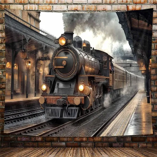 Vista 21 de Tapiz de Tren de Vapor, Tapices de Paisaje Otoñal de Tren de Motor Antiguo Decoración para Niños, Tapices de Arte de Acuarela de Bosque de Montaña