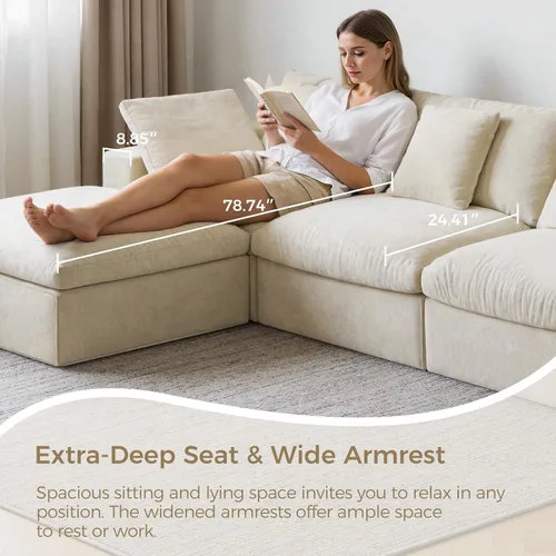 Vista 6 de Sofá modular de nube sin hueso en forma de L de 120 pulgadas, sofá modular con otomana Beige