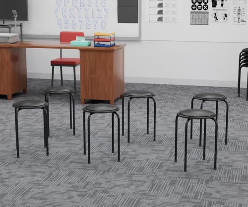 Vista 8 de VECELO Taburetes apilables de 6 piezas, altura estándar de 17 pulgadas, asiento acolchado y patas de acero, taburetes decorativos apilables Negro